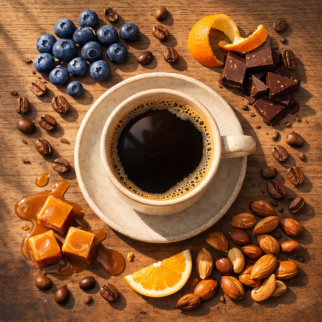 Top view coffee tasting concept with brewed coffee cup and flavor notes like blueberries, orange peel, dark chocolate, caramel and almonds on wooden table
