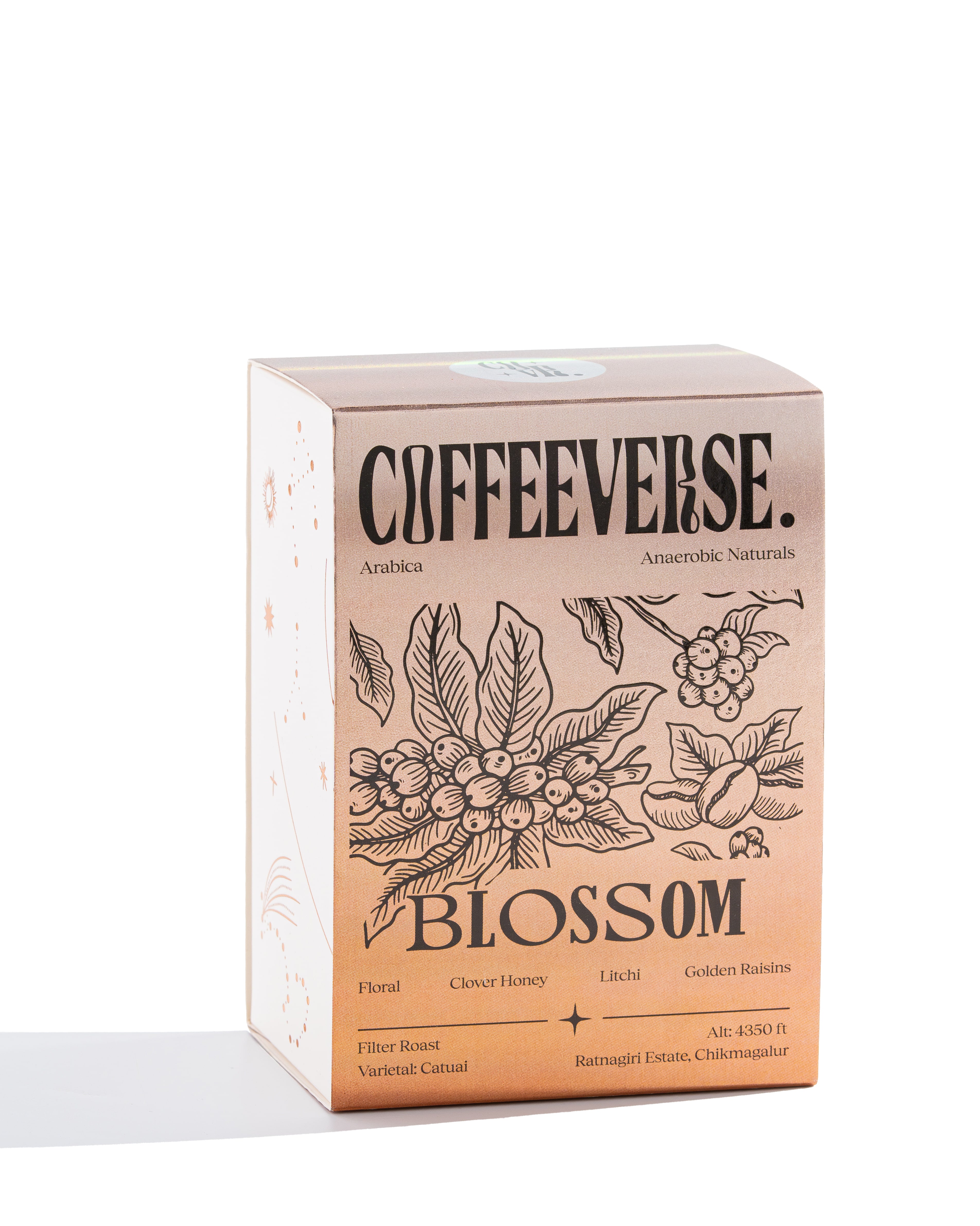 Blossom Naturals coffee packaging showcasing Arabica beans with floral design and tasting notes.