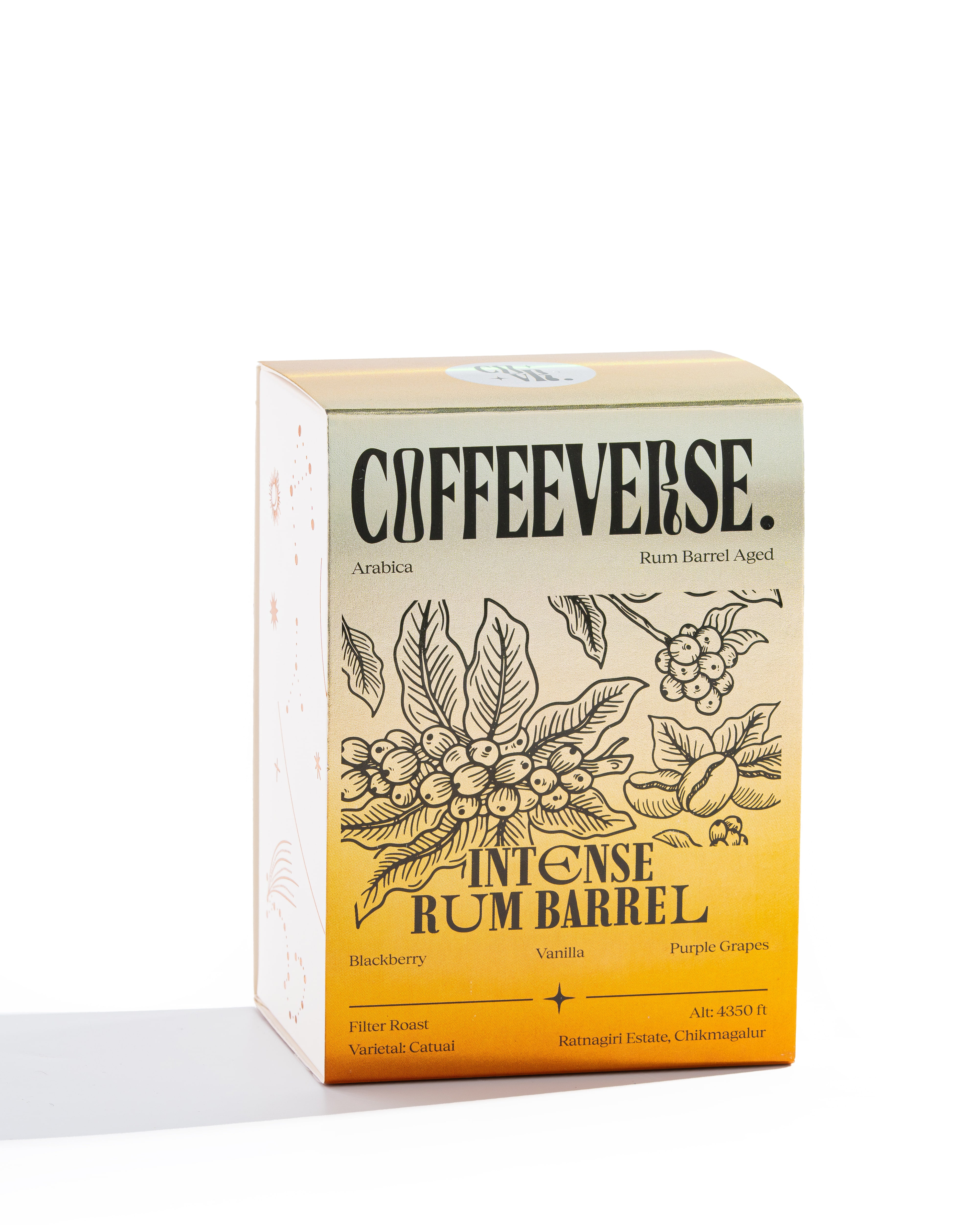 Intense Rum Barrel coffee packaging featuring flavors of blackberry, vanilla, and purple grapes.