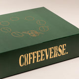 Green box with 'COFFEEVERSE' branding on a beige background