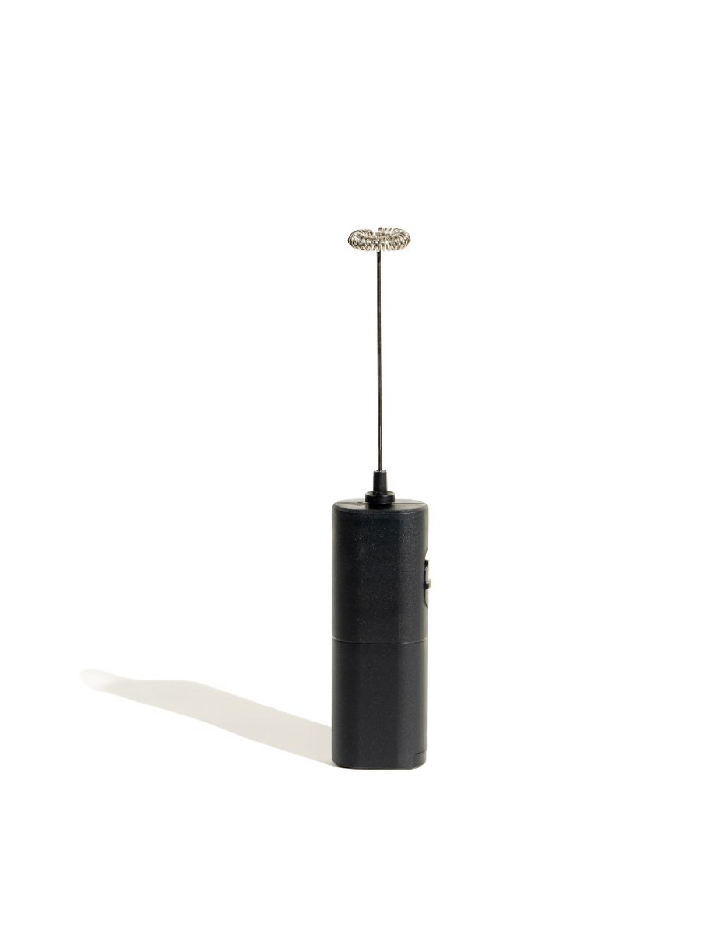 Black cylindrical pendant light with a silver fixture on a white background