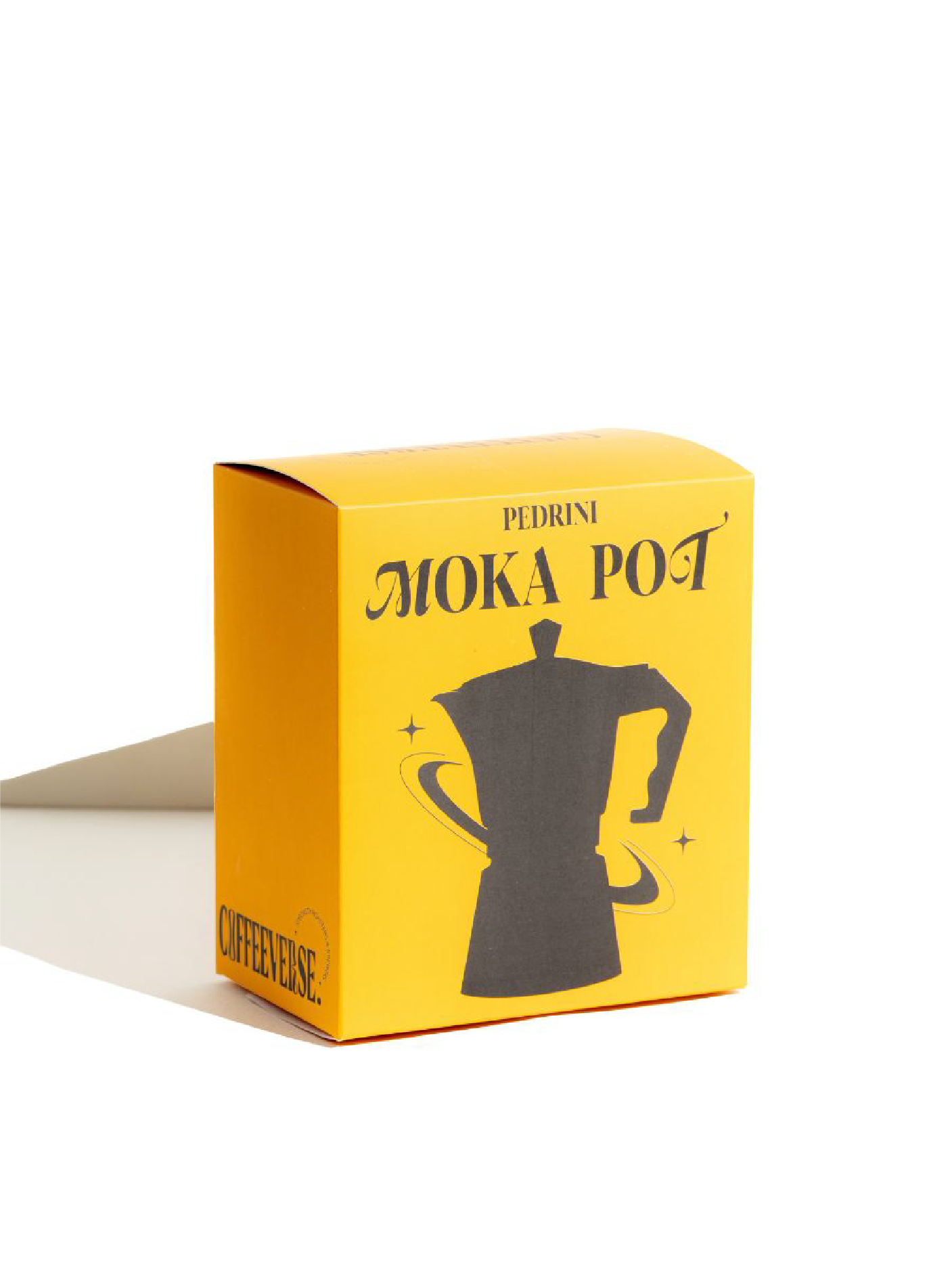 Yellow box of Pedrini Moka Pot on a white background
