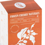 Coffee box labeled 'Frozen Cherry Naturals' with branding and product details on an orange background.