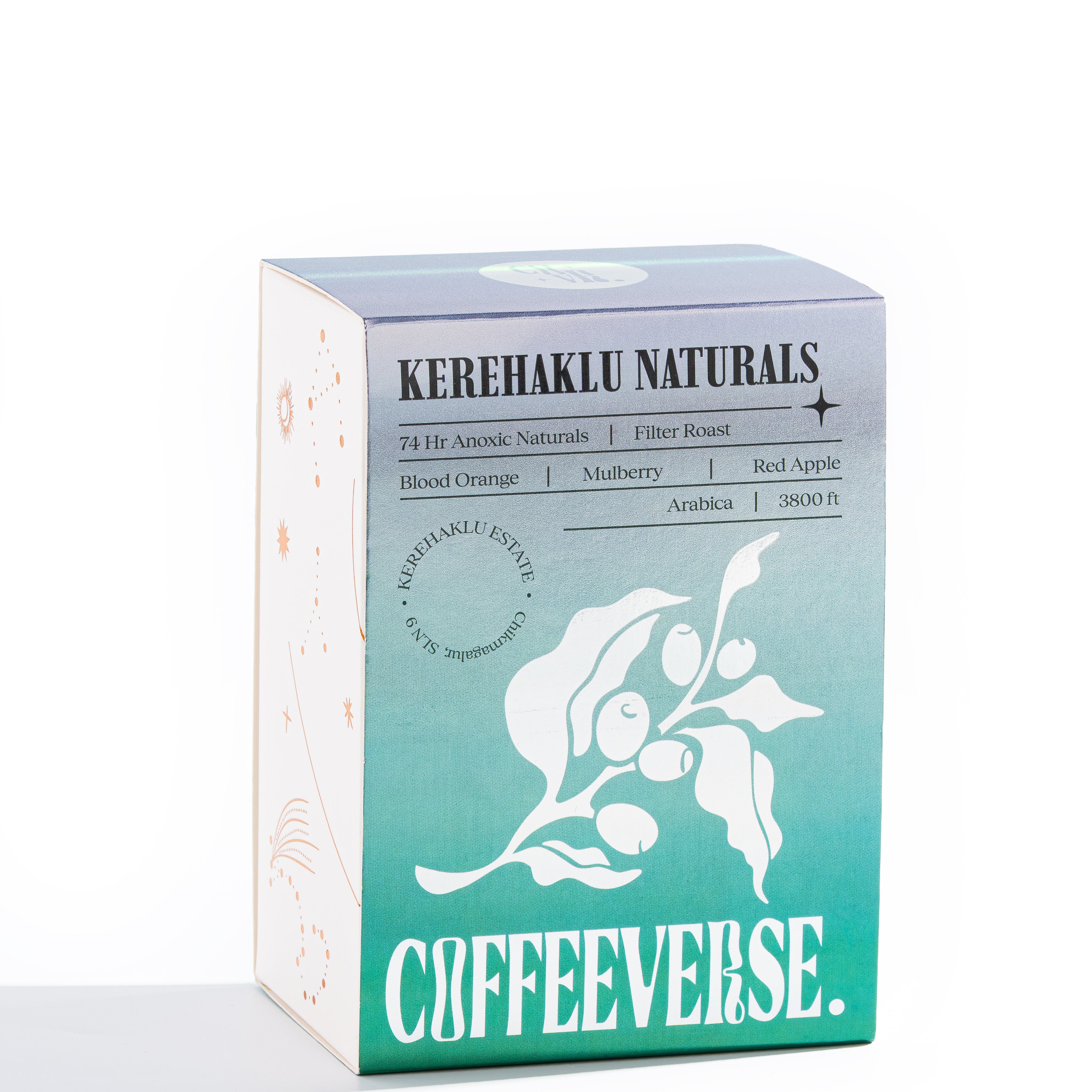 Kerehaklu Anoxic Naturals coffee package featuring vibrant notes of blood orange, mulberry, and red apple.