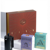 Coffee-themed gift set with a red box, french press, and two small boxes labeled 'Coffeeverse' on a white background.