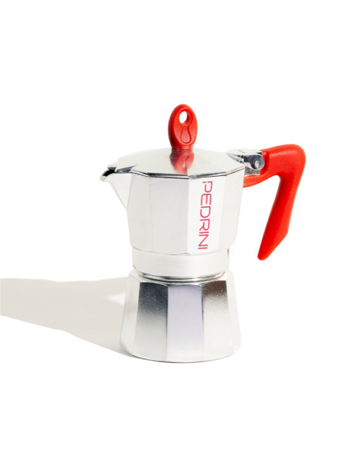 Silver espresso maker with red handles on a white background