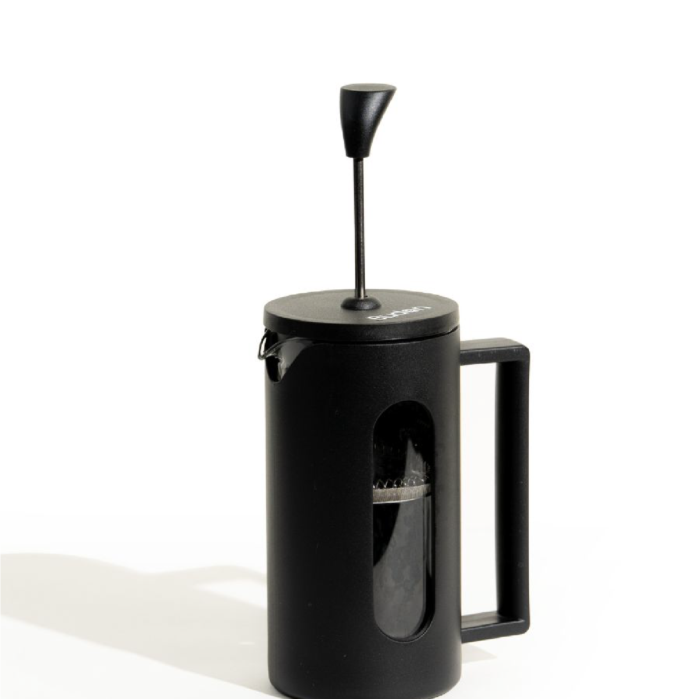 Black French press coffee maker on a white background