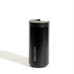 Black coffee tumbler with 'coffee' text on a white background