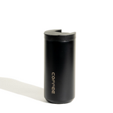 Black coffee tumbler with 'coffee' text on a white background