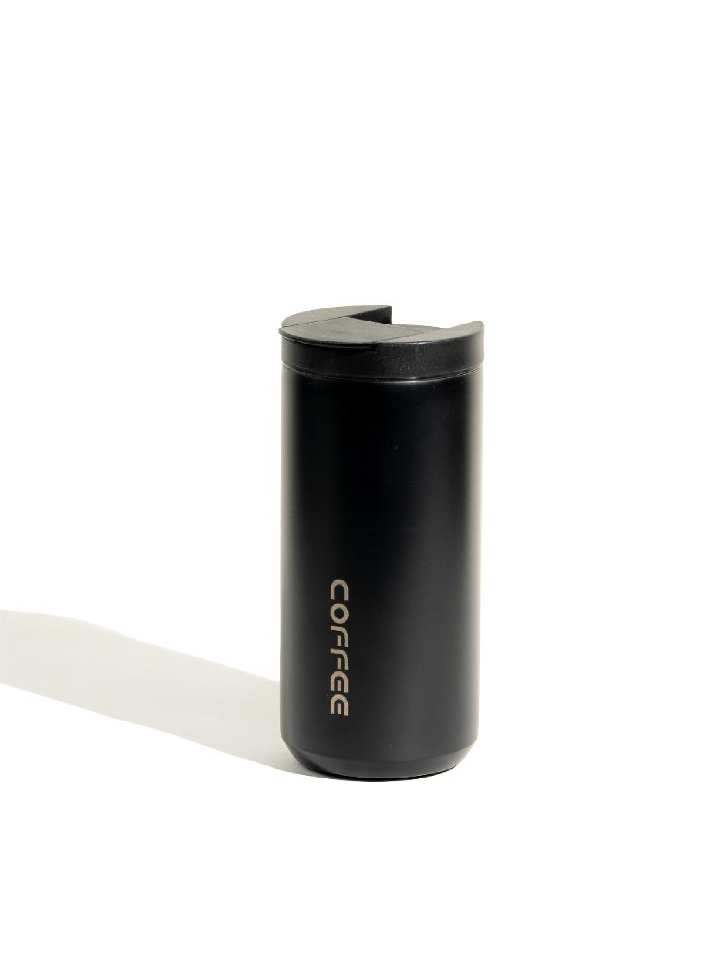 Black coffee tumbler with 'coffee' text on a white background