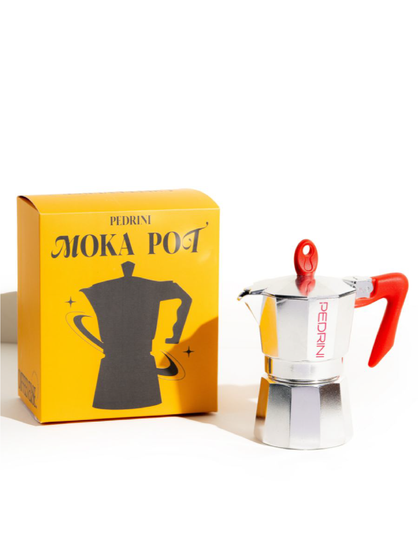Pedrini Moka Pot with yellow packaging on a white background