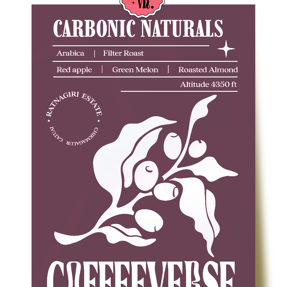 A pack of Carbonic Naturals Filter Roast coffee from Ratnagiri Estate with flavor notes of red apple, green melon, and roasted almond, altitude 6350 ft.